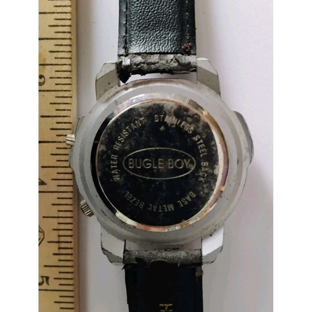 Vintage Bugle Boy Quartz Watch White Dial Fresh Battery Needs new strap as-is
